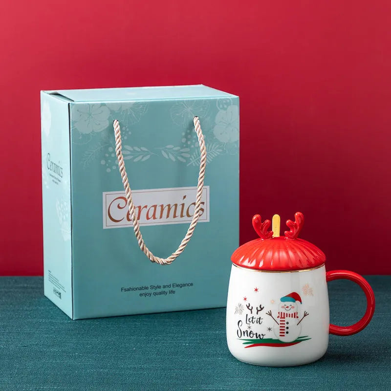 Christmas Mug With Lid Spoon Snowman Ceramic Mug - Bellarte Enchanté Christmas Mug With Lid Spoon Snowman Ceramic Mug